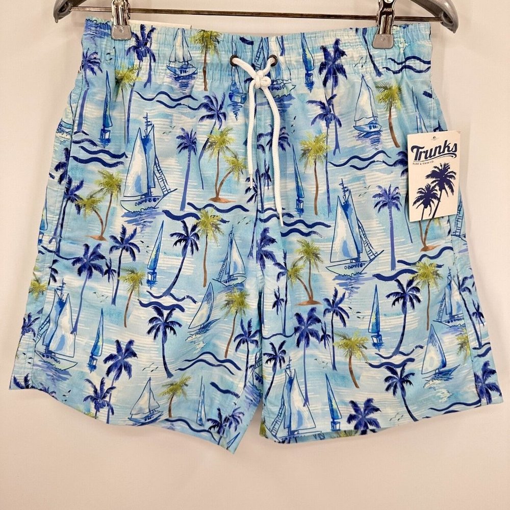 Trunks Surf & Swim Co. Men's 6" Sano Swim Shorts sz S Blue Sailboat Doodle Palms